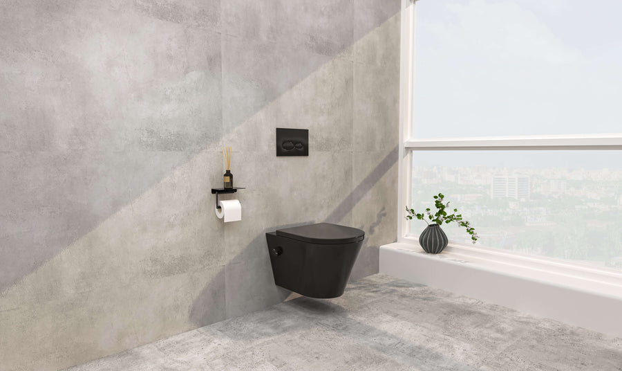 Vesta wandcloset rimless met bidetkraan koud water met Shade slim toiletzitting mat zwart