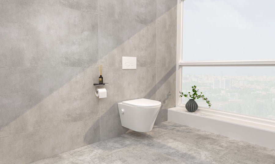 Vesta wandcloset rimless met bidetkraan koud water met Shade slim toiletzitting mat wit
