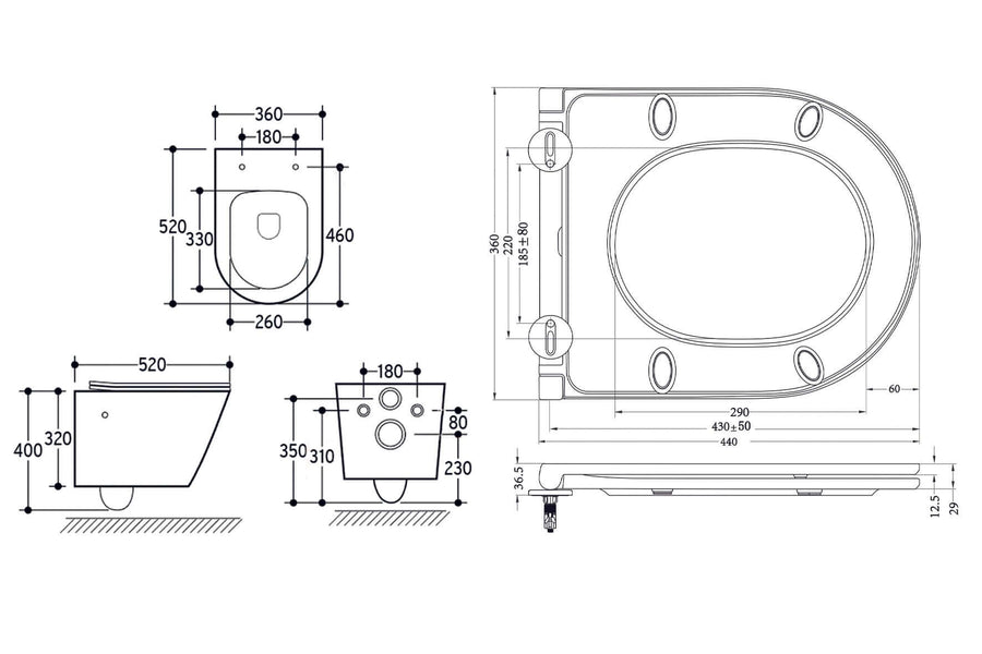Vesta wandcloset rimless met bidetkraan koud water met Flatline toiletzitting mat zwart