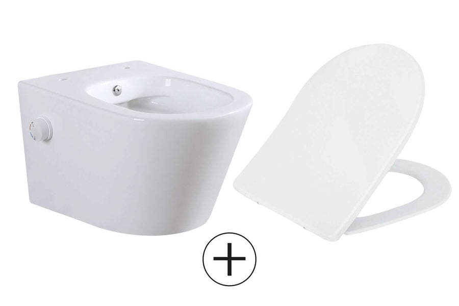Vesta wandcloset rimless met bidetkraan warm koud water met Shade slim toiletzitting glans wit