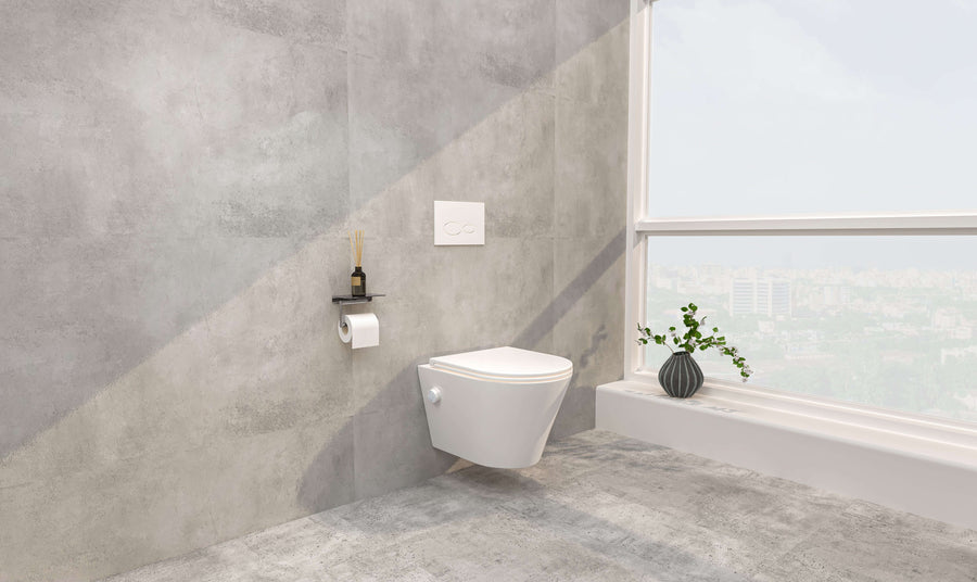 Vesta wandcloset rimless met bidetkraan warm koud water met Flatline toiletzitting glans wit