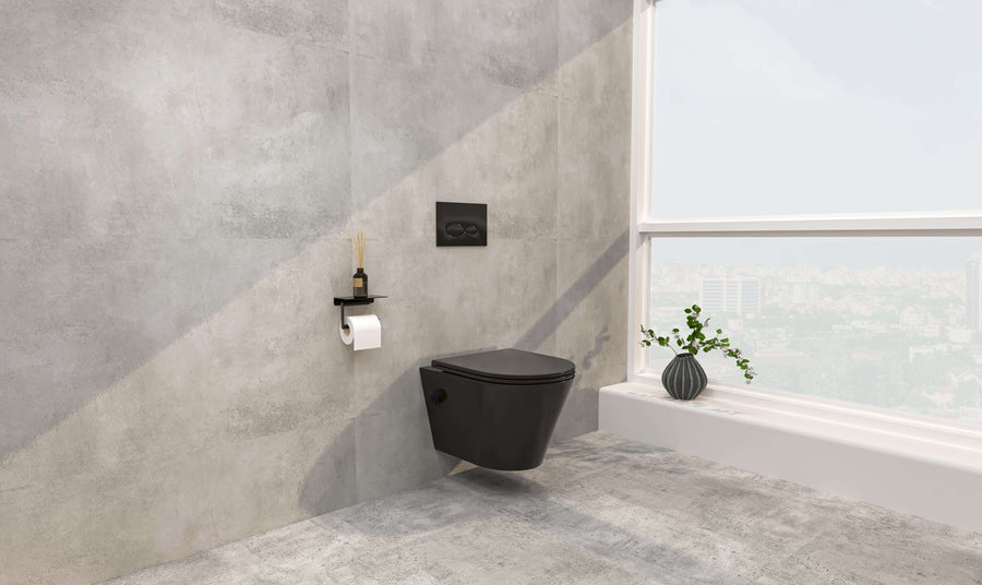 Vesta wandcloset rimless met bidetkraan warm koud water met Flatline toiletzitting mat zwart