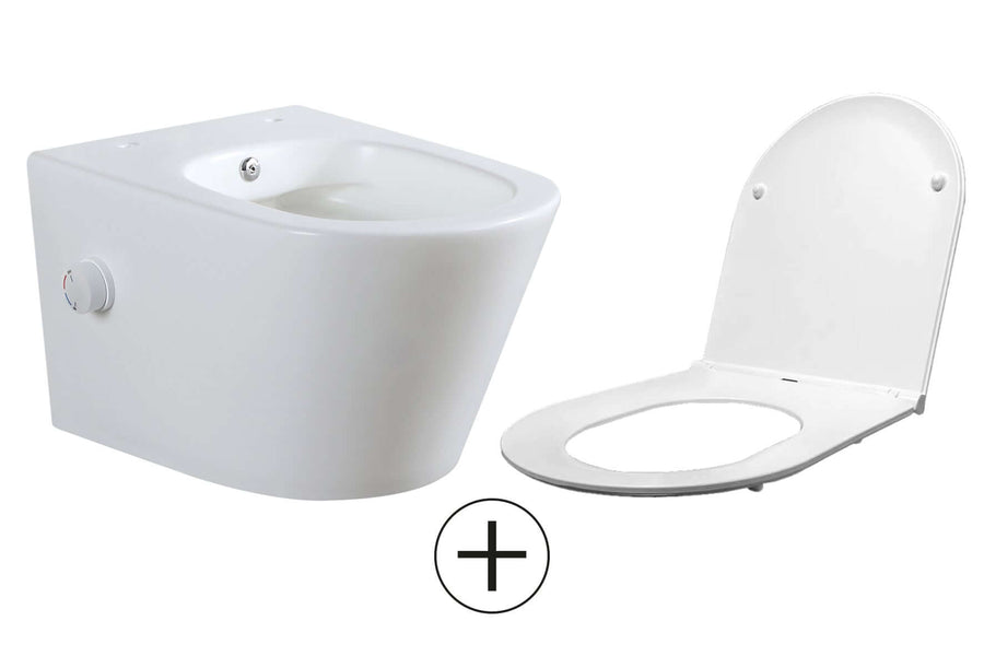 Vesta wandcloset rimless met bidetkraan warm koud water met Flatline toiletzitting mat wit