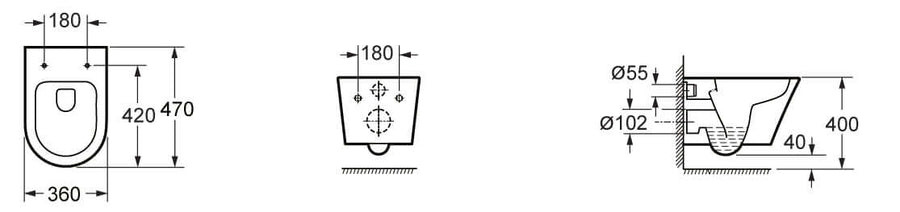 Afmetingen van het Vesta Junior wandtoilet met Flatline-zitting in technische tekening