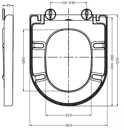 Technische tekening van de Vesta-Junior Toiletbril Wiesbaden, met afmetingen en ontwerpdetails.
