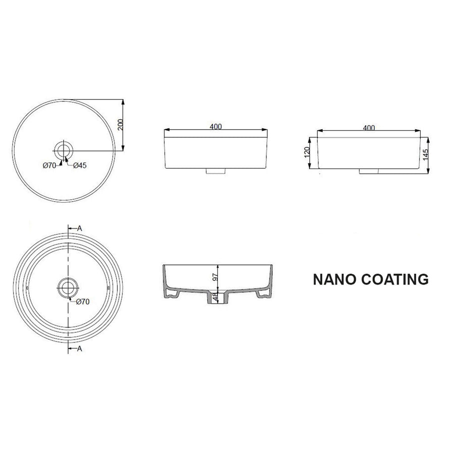 Technische tekening van de Link Design Ronde Wastafel Wiesbaden maatvoering en nano coating details.