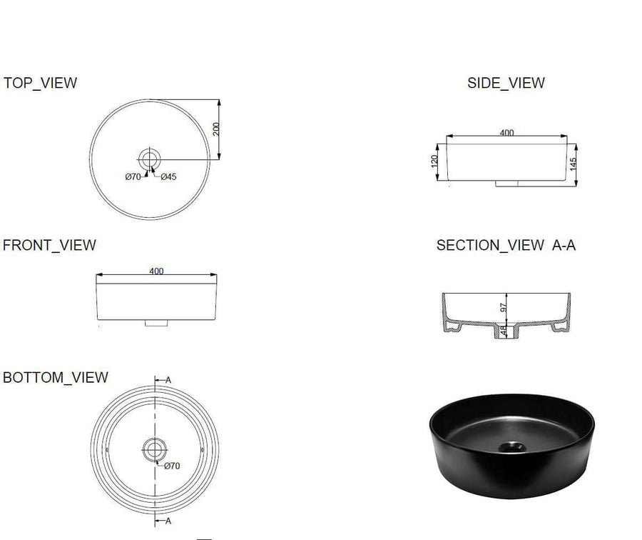 Technische tekeningen van Link Design Ronde Wastafel Wiesbaden 40 cm Zwart met verschillende perspectieven.