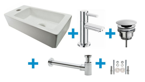 Fontänenset Rhea S mini mit Fontäne links glänzend weiß, Wasserhahn, Siphon und Ablaufstopfen Chrom