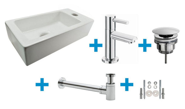 Fontänenset Rhea S mini mit Brunnen rechts glänzend weiß, Wasserhahn, Siphon und Ablaufstopfen Chrom