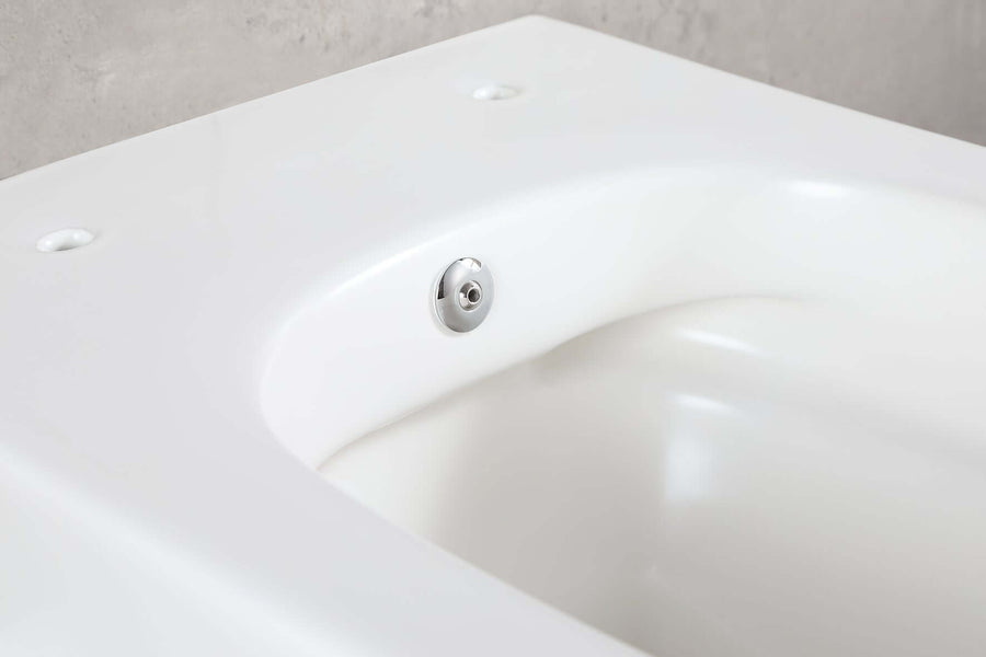 Detail van een wandtoilet met geïntegreerde bidetfunctie in mat wit, geschikt voor koud water.