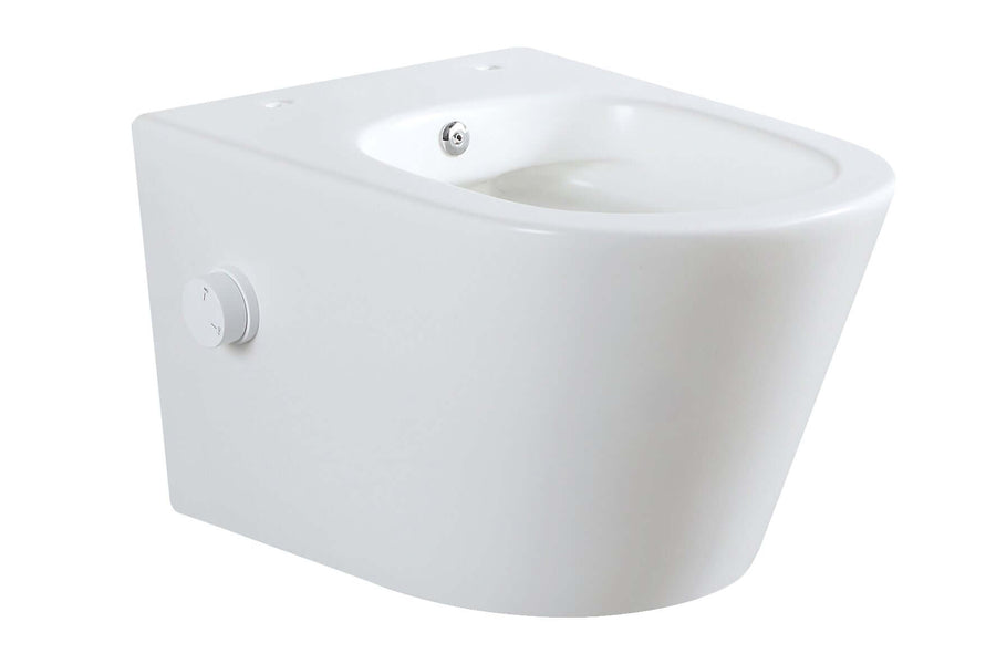 Wandtoilet in mat wit met geïntegreerde bidetfunctie voor koud water, ideaal voor moderne toiletruimtes.