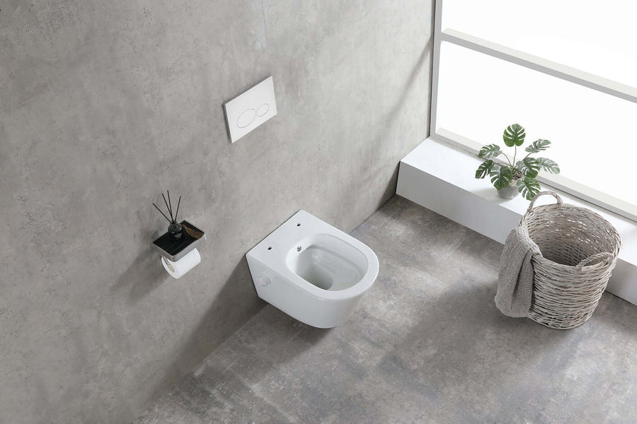 Randloos wandtoilet in glanzend wit met bidetfunctie in moderne toiletomgeving.