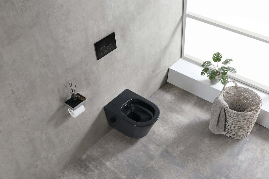 Randloos wandtoilet van Wiesbaden in matzwart, modern ontwerp voor stijlvol toiletgebruik.