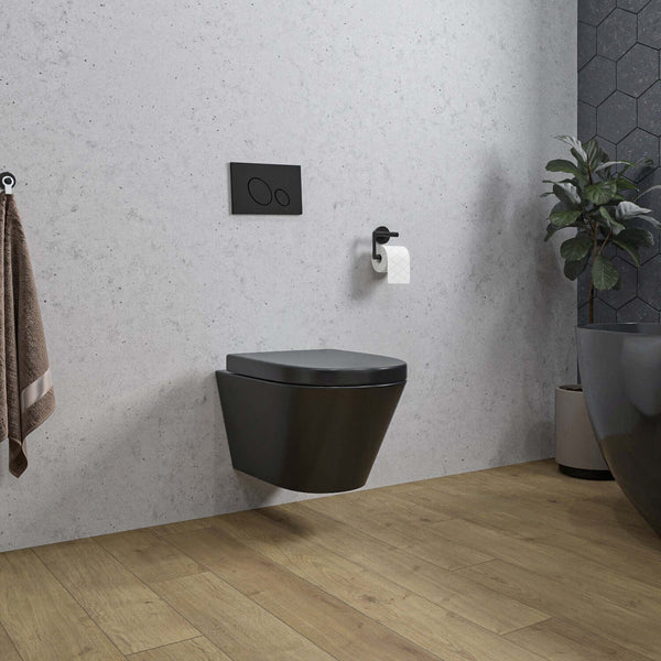 Toilette murale stéréo sans rebord avec abattant Vesta mat noir, Wiesbaden