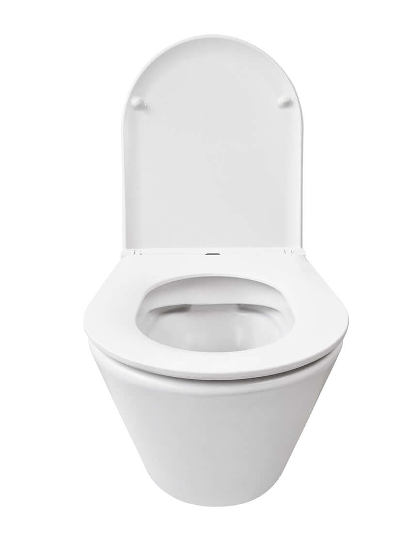 Wandtoilet Vesta Randloos Wiesbaden met Flatline Toiletbril Soft Close in mat wit
