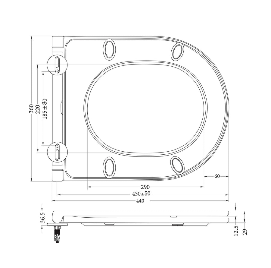 Technische tekening van Vesta Randloos Wandtoilet Wiesbaden met flatline toiletbril, afmetingen en details.