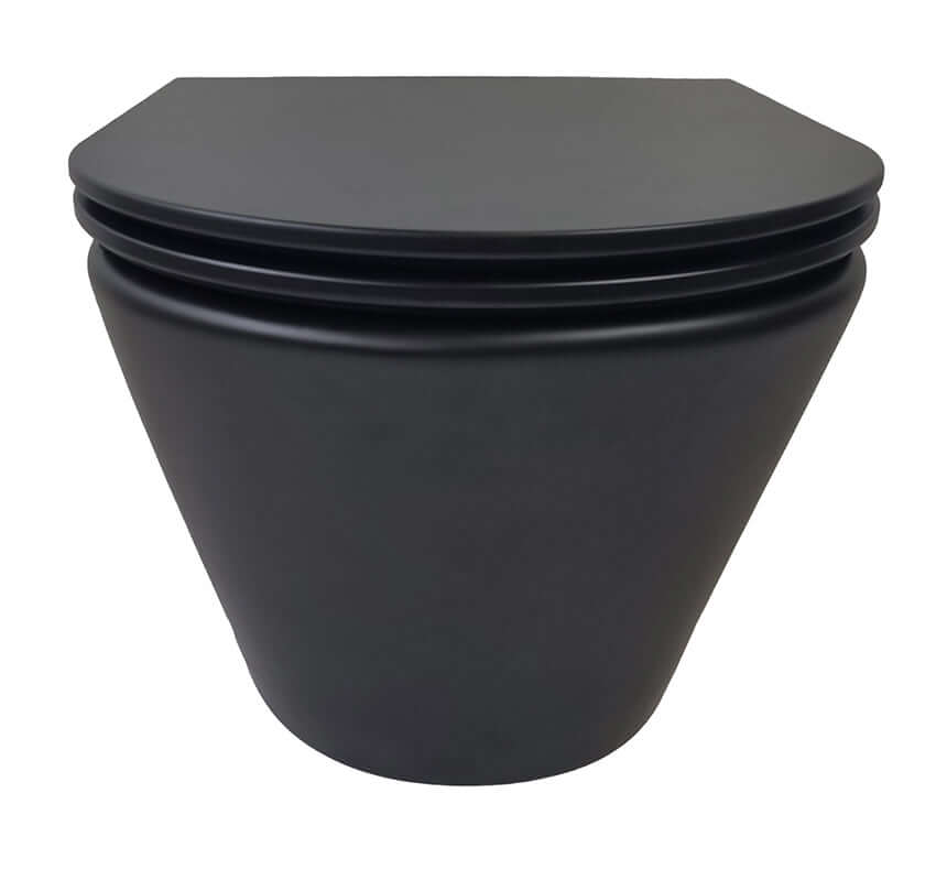 Wandtoilet Vesta randloos matzwart design met Flatline toiletbril Soft Close en snelsluiting
