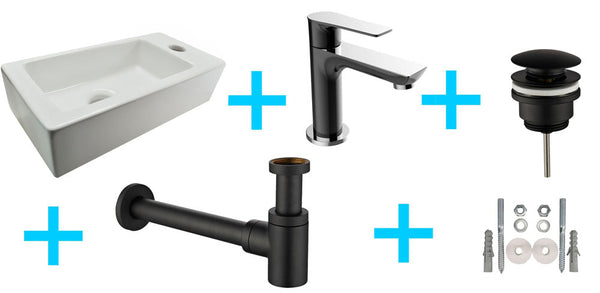 Fontänenset Rhea S mini mit Fontäne rechts glänzend weiß, Casma Wasserhahn, Siphon und Abflussstopfen schwarz/chrom