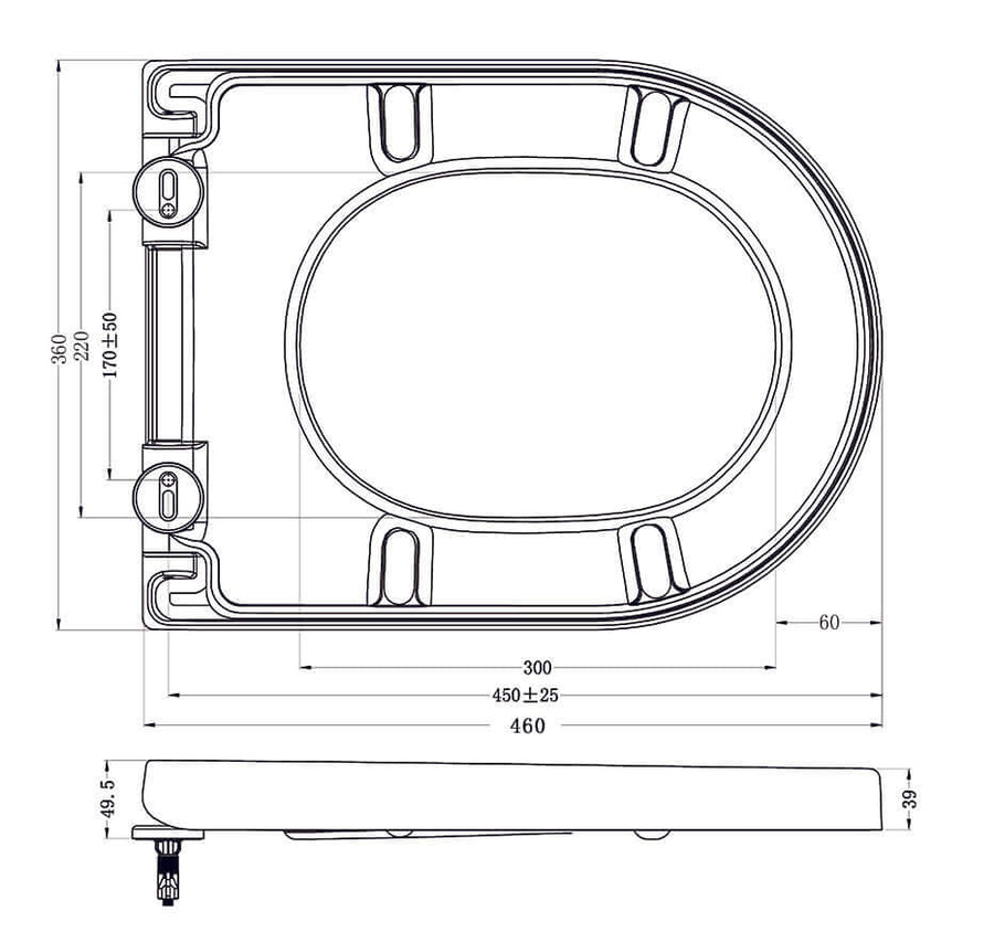 Technische tekening van Vesta Soft Close Toiletbril voor Wandtoilet 52 cm Mat Zwart Wiesbaden met afmetingen.