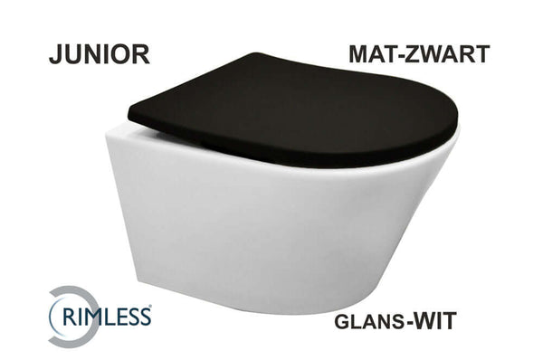 Vesta Junior Wandtoilet Wiesbaden Washdown Randloos in wit (inclusief Flatline zitting in matzwart)