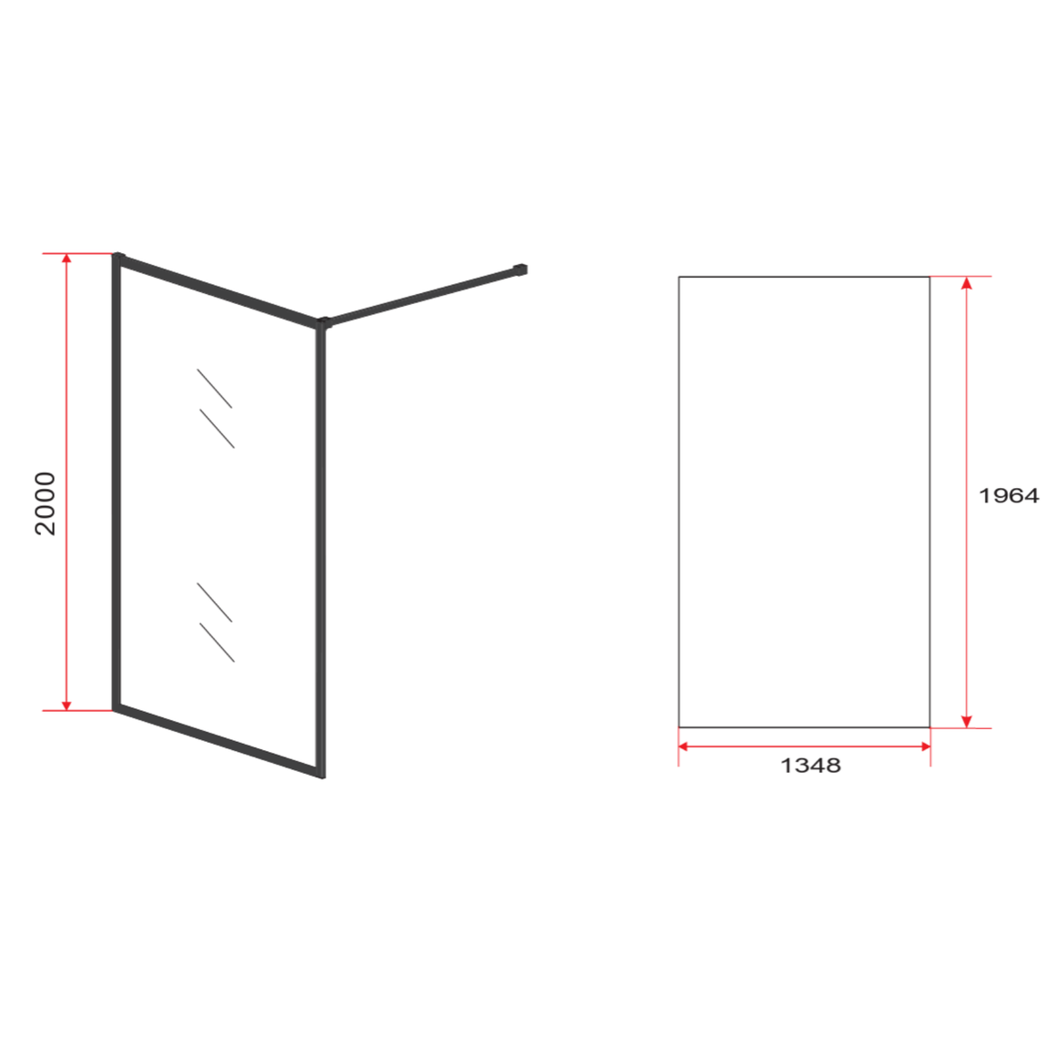 Aloni inloopdouchewand mat zwart profiel 120 cm technische tekening