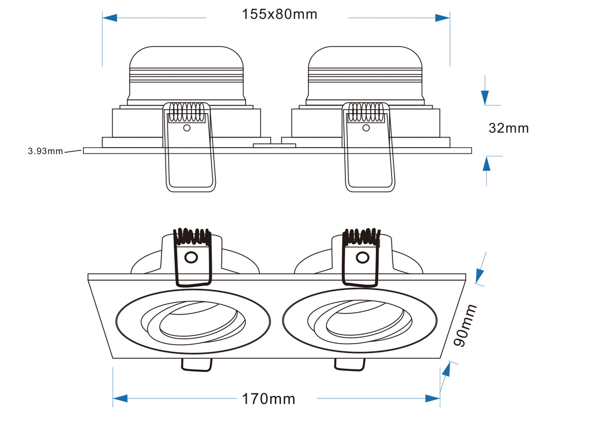 Wiesbaden Spotz inbouwspot dubbel dimbaar IP65 Geborsteld messing - technische tekening