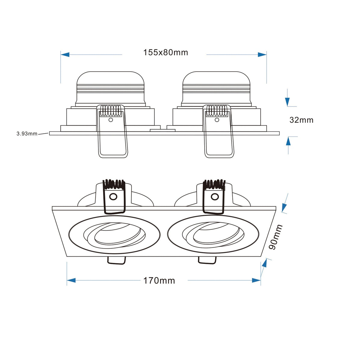 Wiesbaden Spotz inbouwspot dubbel dimbaar IP65 Chroom - technische tekening