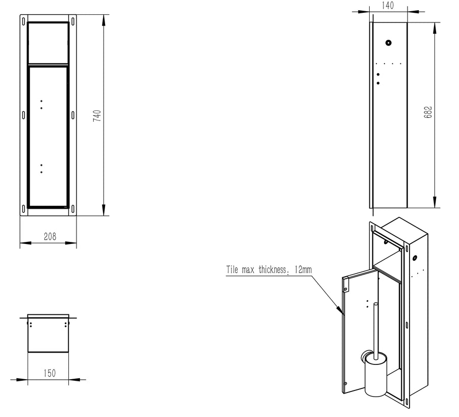 Xellanz Rocko toiletrol- en borstelhouder inbouw betegelbaar RVS - technische tekening