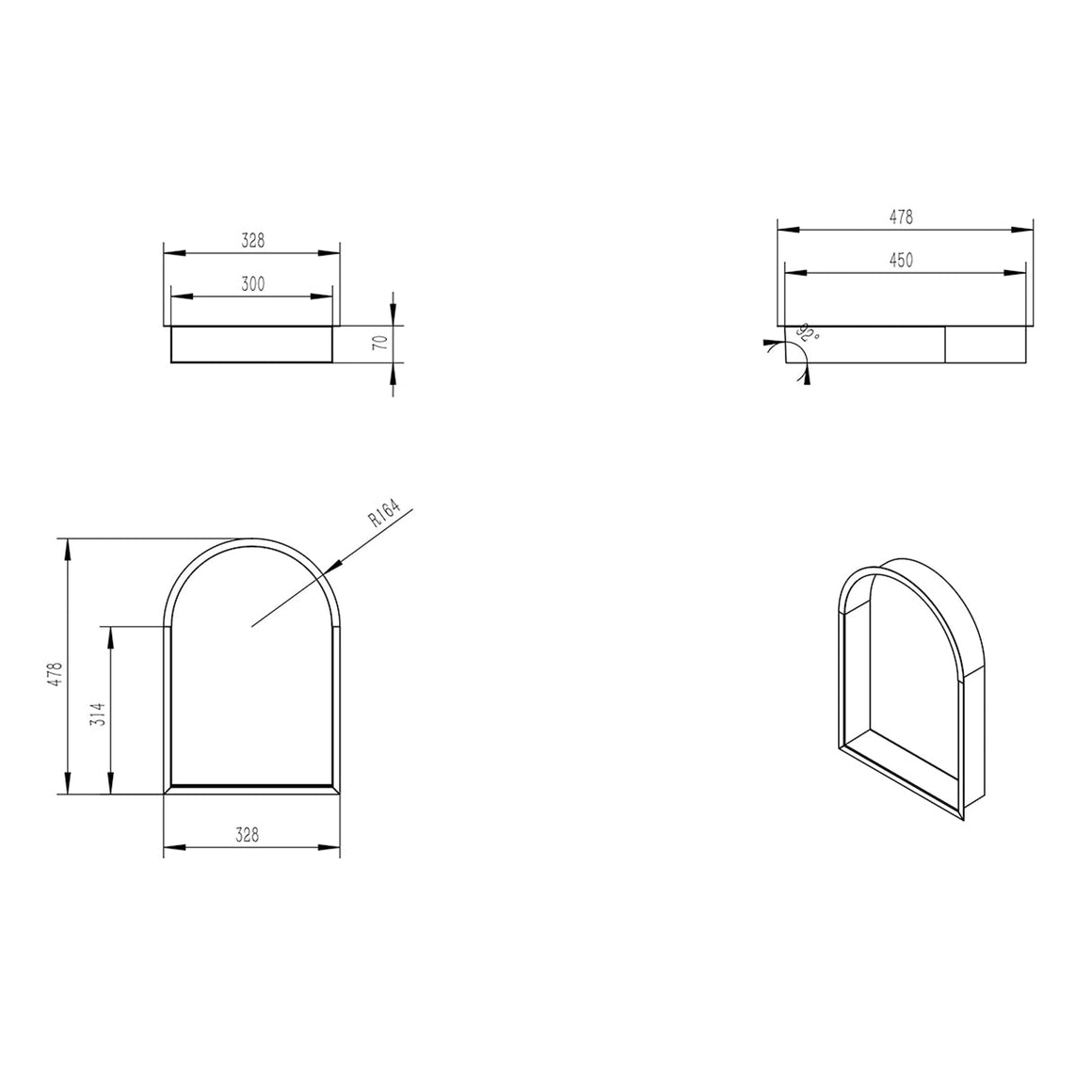 Wiesbaden Demis inbouwnis ovaal 30 x 45 x 7 cm / Mat wit - technische tekening