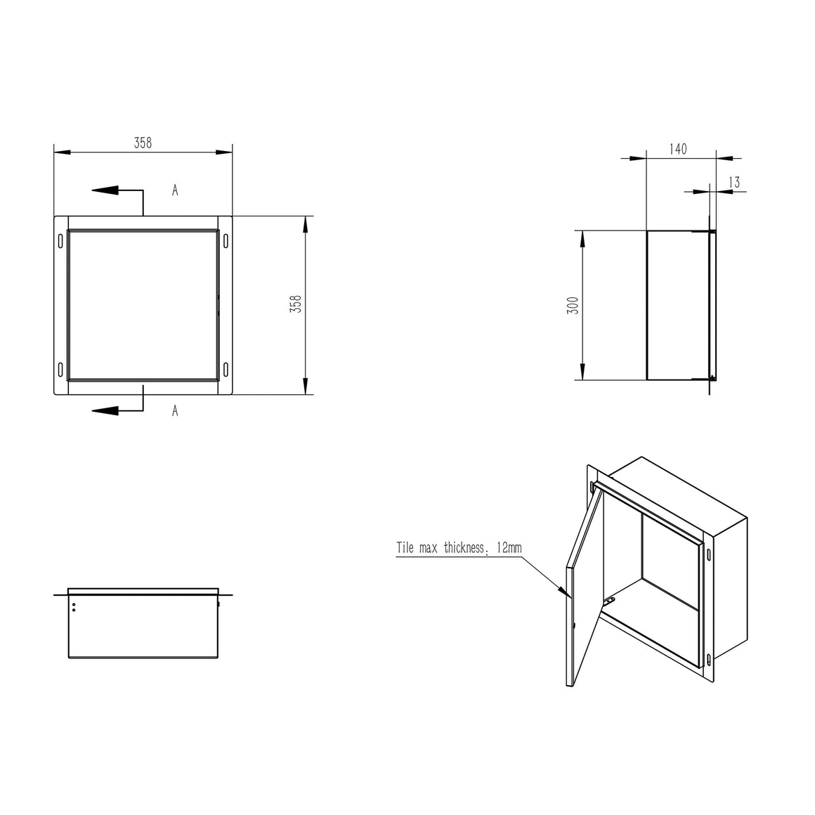 Wiesbaden Demis inbouwnis betegelbaar 30 x 30 x 14 cm RVS - technische tekening