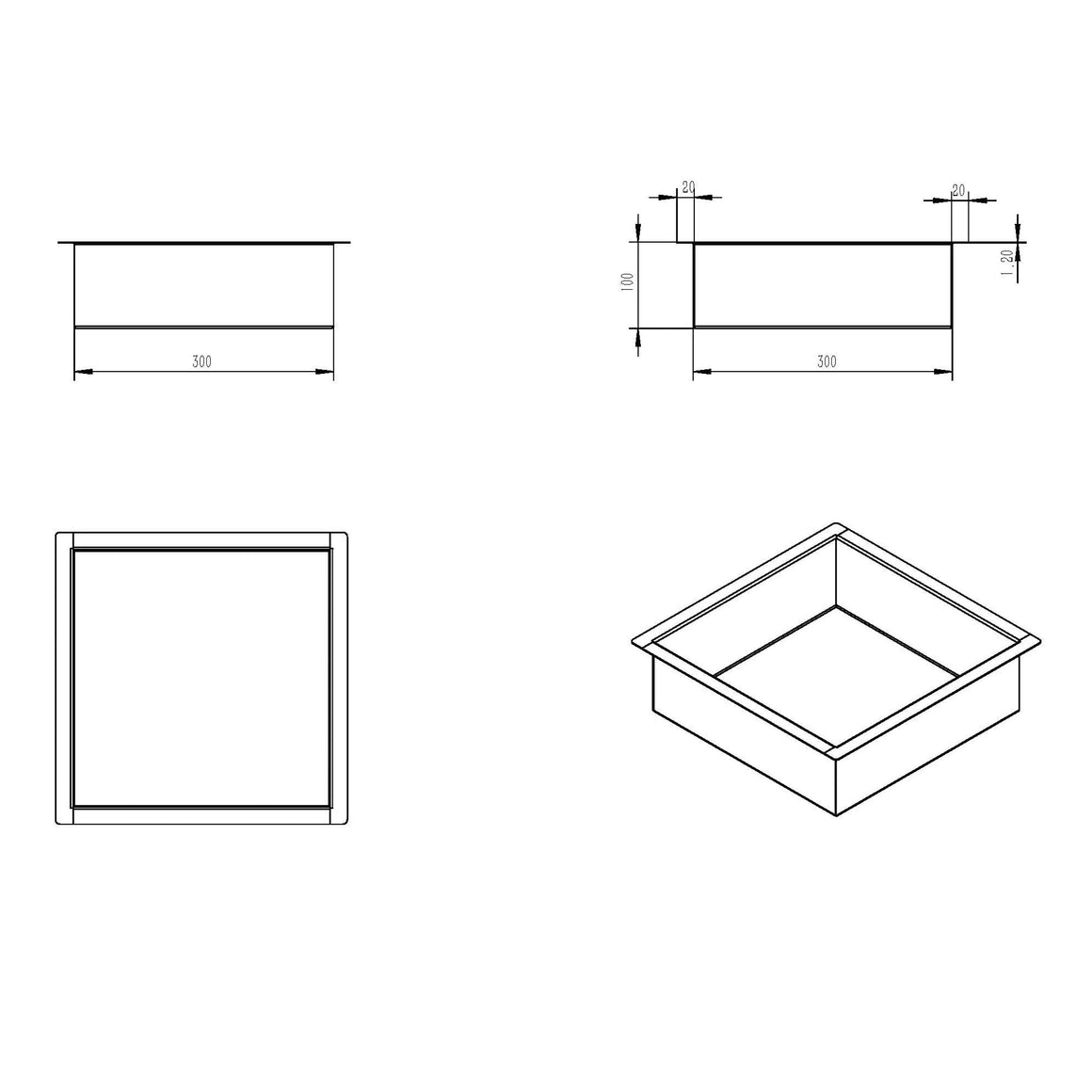 Wiesbaden Demis inbouwnis PVD 30 x 30 x 10 cm / Geborsteld messing - technische tekening