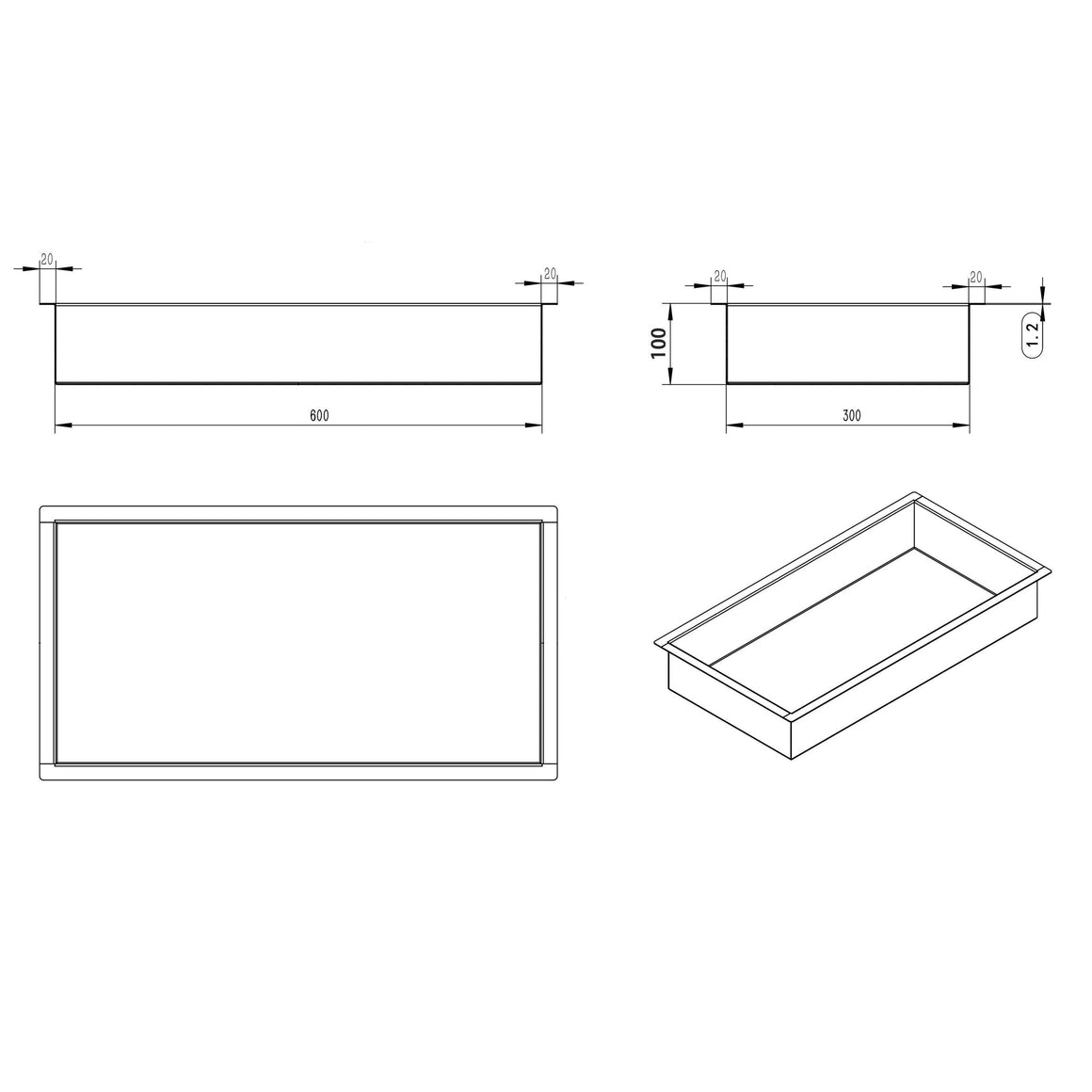 Wiesbaden Demis inbouwnis PVD 30 x 60 x 10 cm / Geborsteld messing - technische tekening