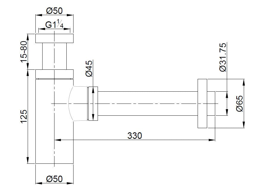 Wiesbaden UniMatch wastafelsifon 32 mm mat zwart - technische tekening