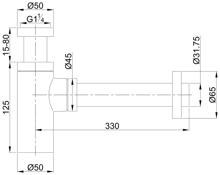 Wiesbaden UniMatch wastafelsifon 32 mm mat wit - technische tekening
