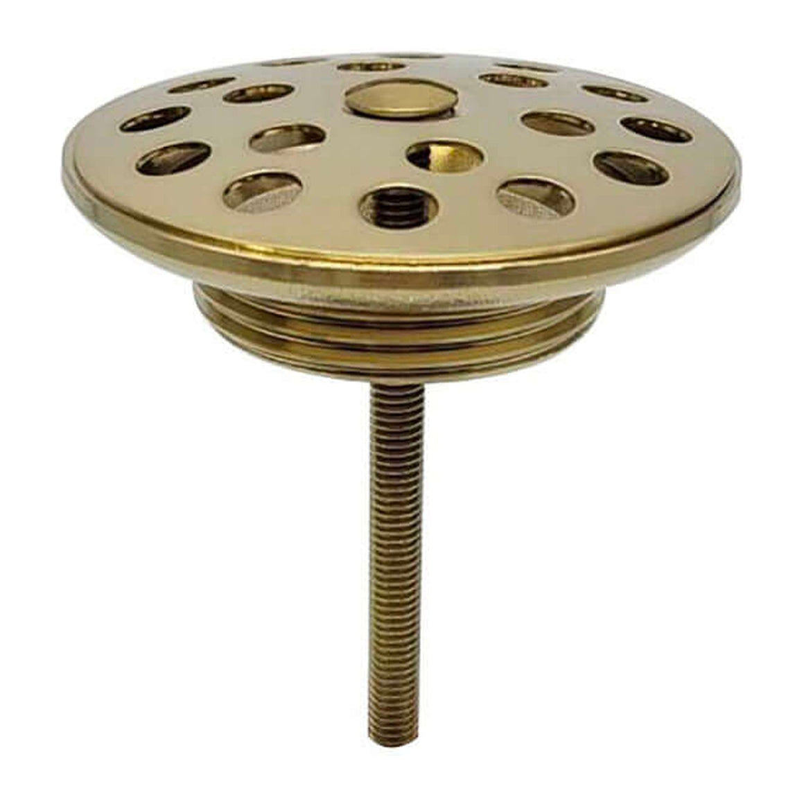Korv open afvoerplug rooster 5/4" geborsteld messing PVD, luxe messing afvoerplug met gaten, elegant design.