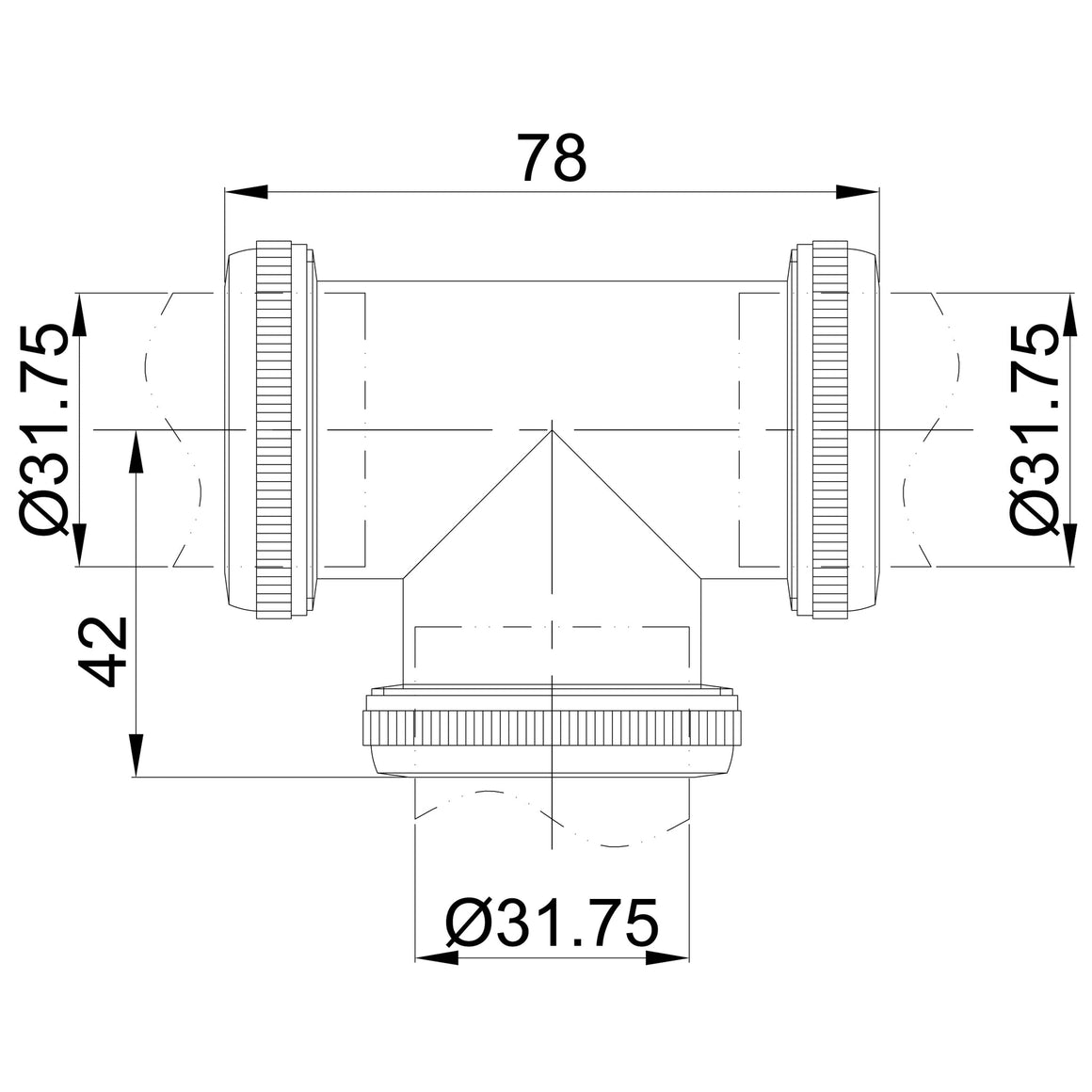 Wiesbaden UniMatch buisverbinder T-stuk Chroom - technische tekening
