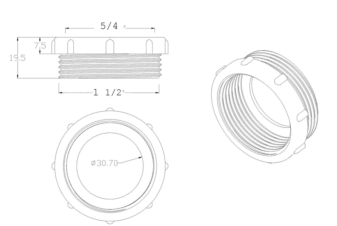 Riko Verloopring 1 1/2" buiten x 5/4" binnen kunststof wit - technische tekening