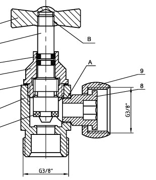 Riko hoekstopkraan 3200 3/8 x 3/8 messing - technische tekening