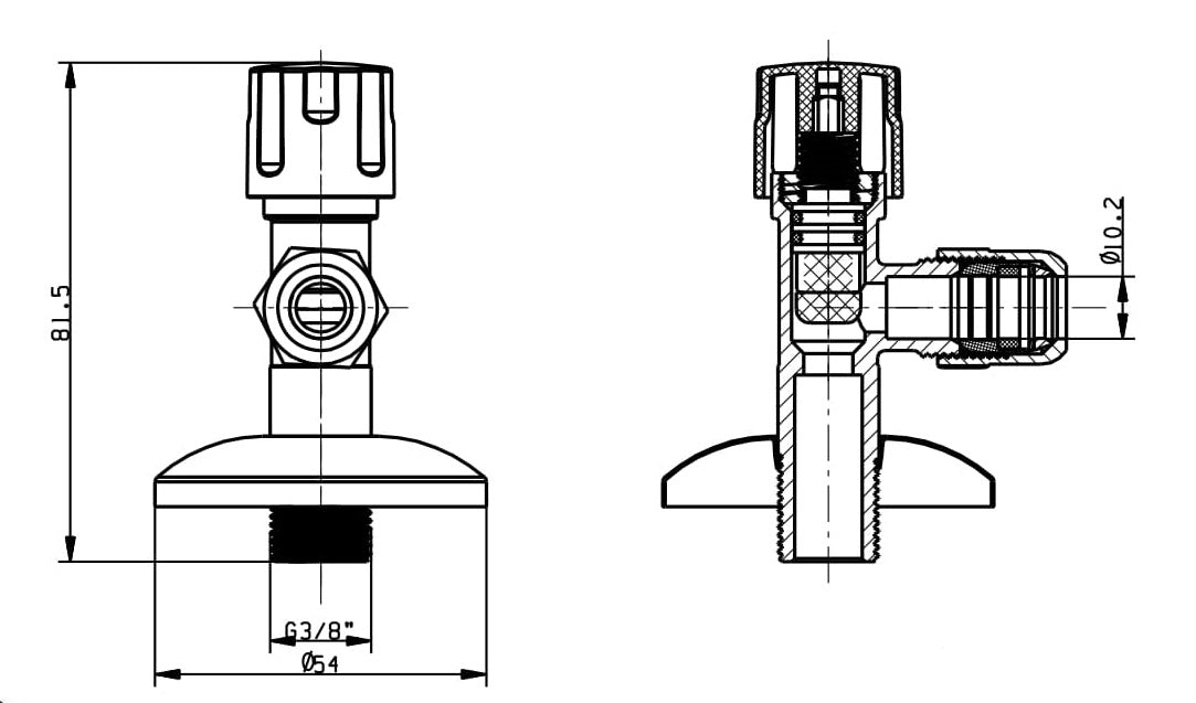 Riko hoekstopkraan 3/8 buitendraad x 10 mm - technische tekening