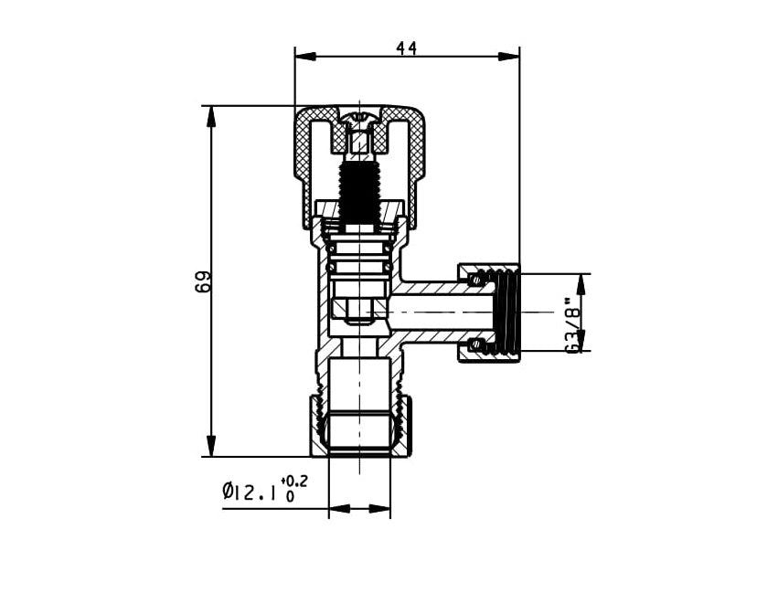 Riko hoekstopkraan 3/8" x 12 mm knel verchroomd - technische tekening
