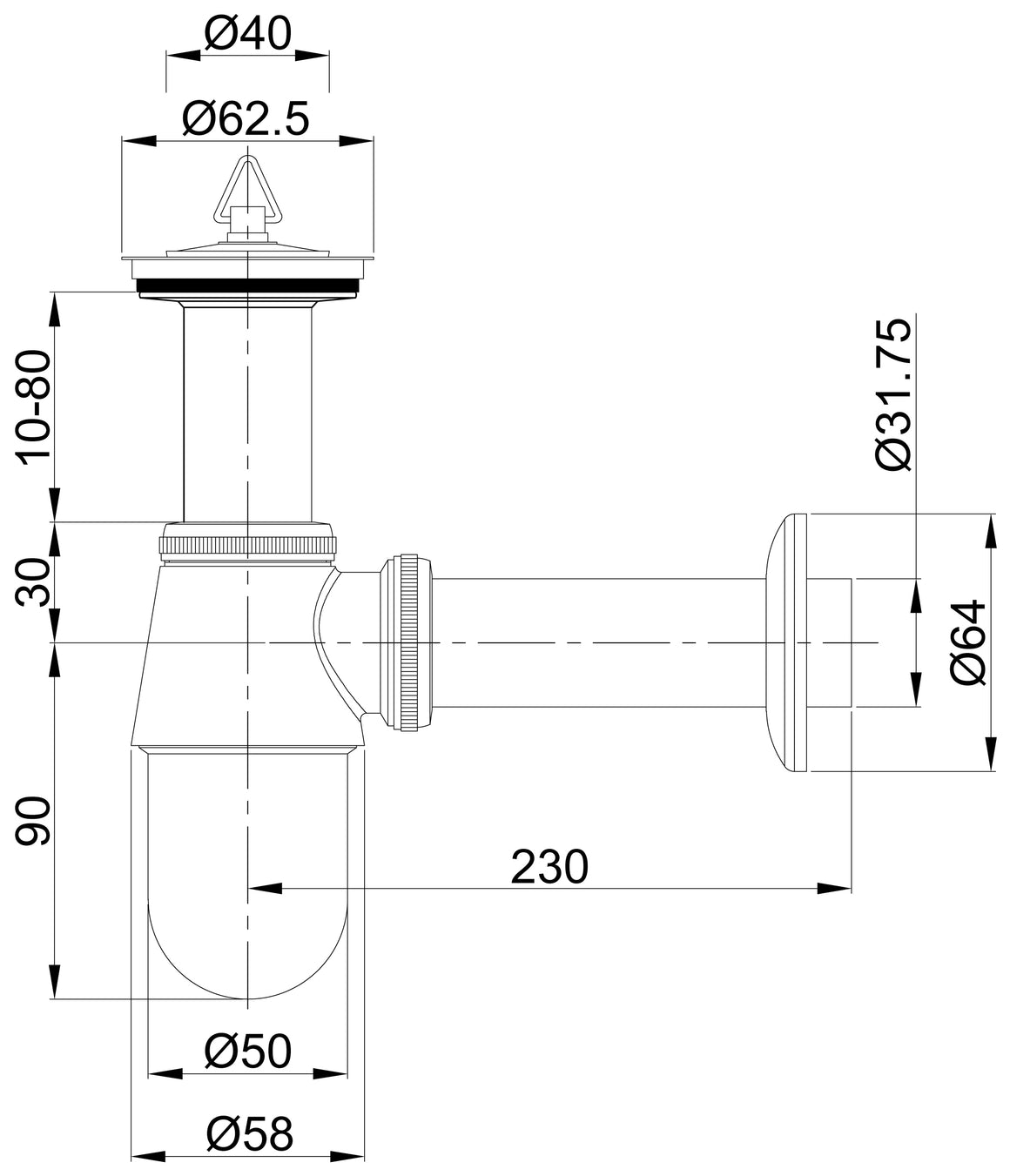 Riko plugbekersifon 5/4" x 32 mm chroom - technische tekening