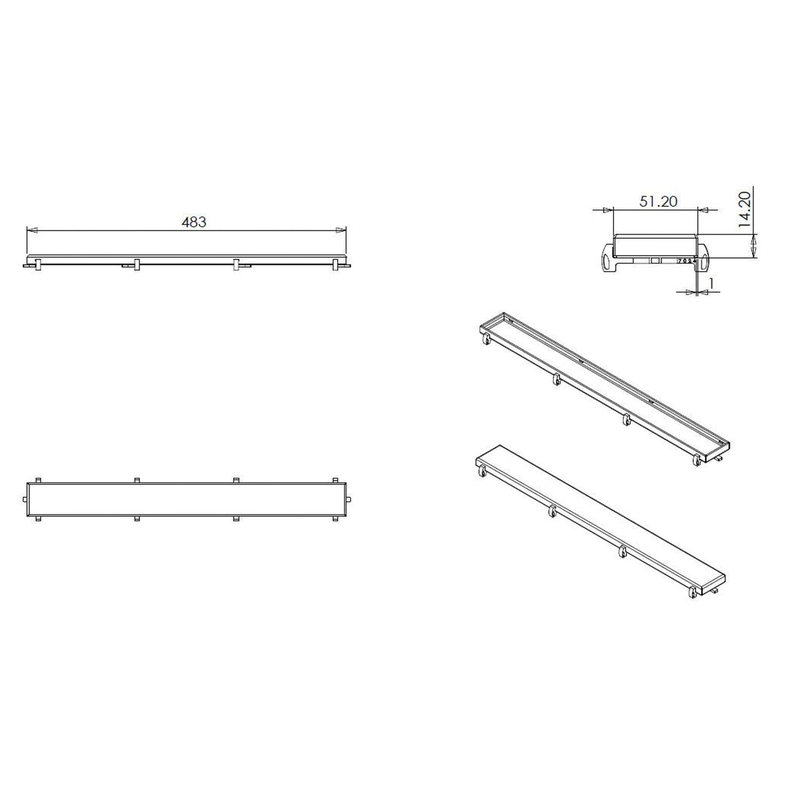 Wiesbaden Tegelrooster voor douchegoot 50 cm - technische tekening