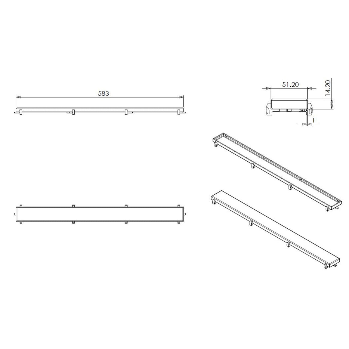 Wiesbaden Tegelrooster voor douchegoot 60 cm - technische tekening