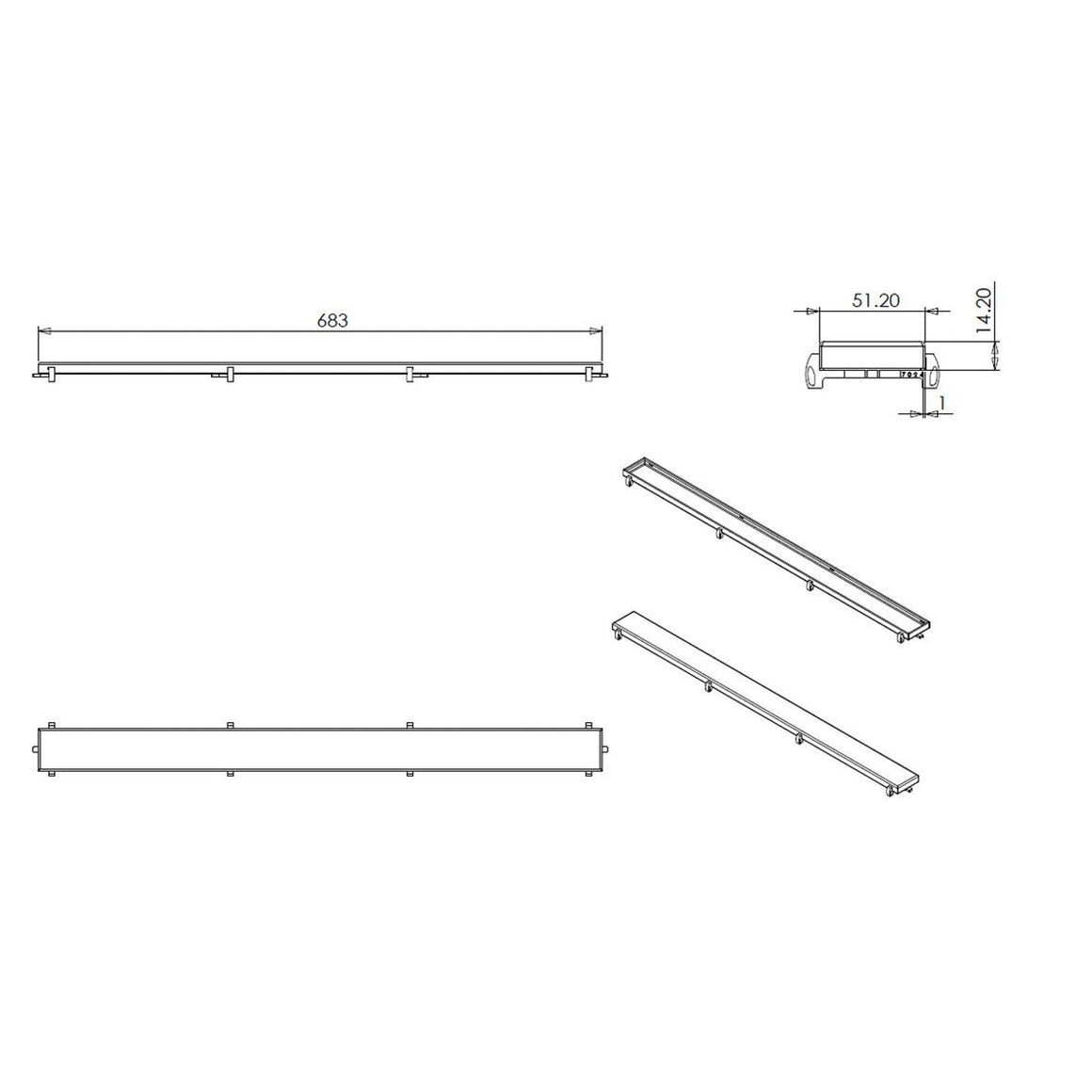 Wiesbaden Tegelrooster voor douchegoot 70 cm - technische tekening