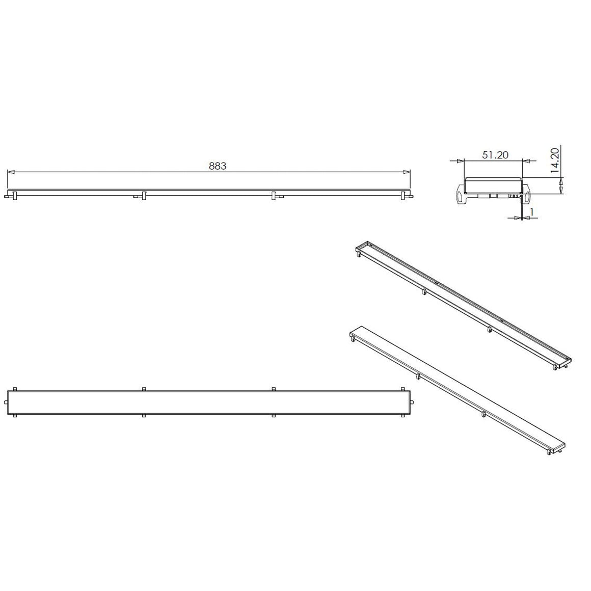 Wiesbaden Tegelrooster voor douchegoot 90 cm - technische tekening