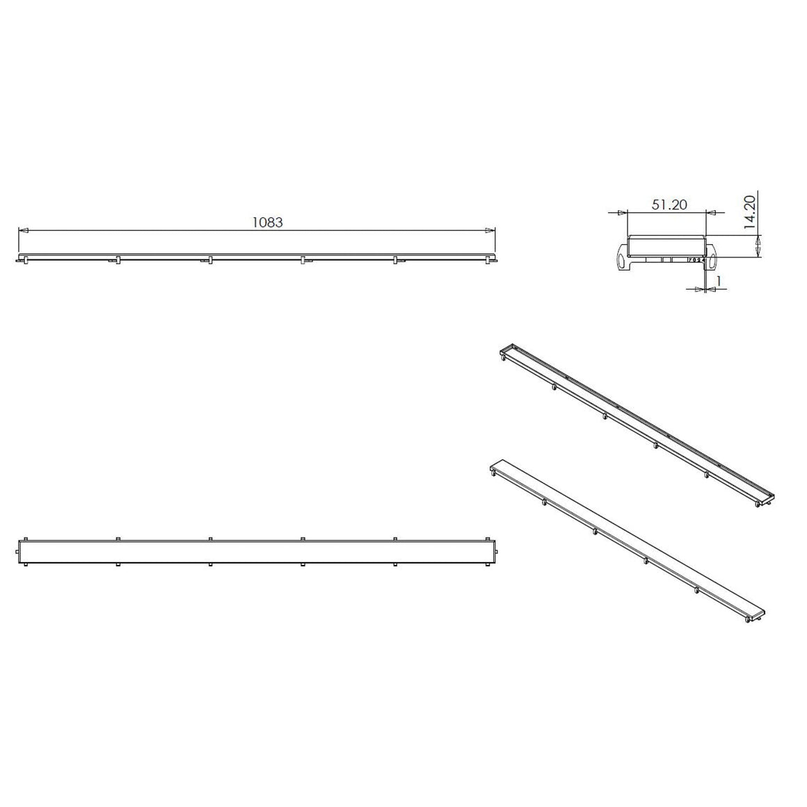 Wiesbaden Tegelrooster voor douchegoot 110 cm - technische tekening