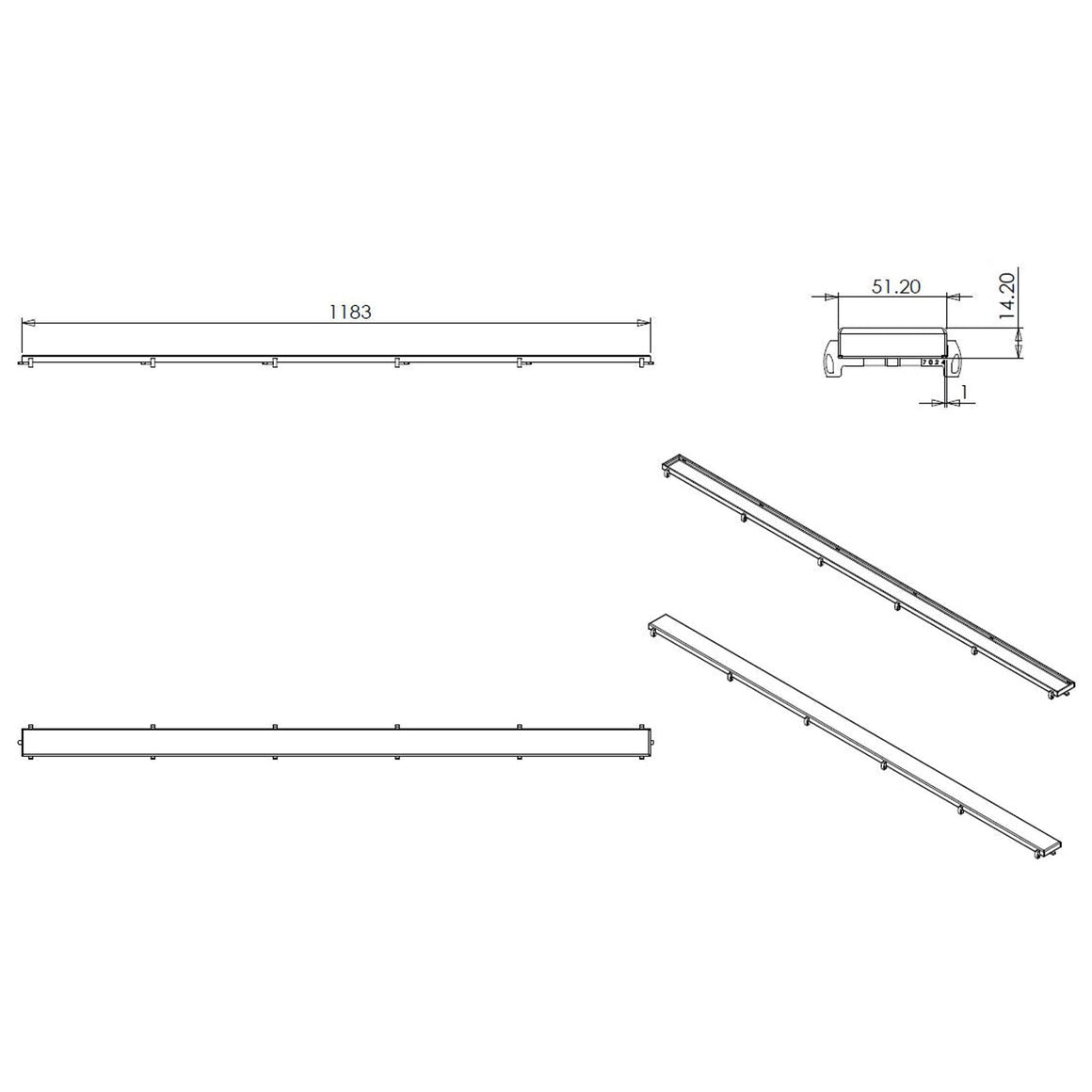 Wiesbaden Tegelrooster voor douchegoot 120 cm - technische tekening