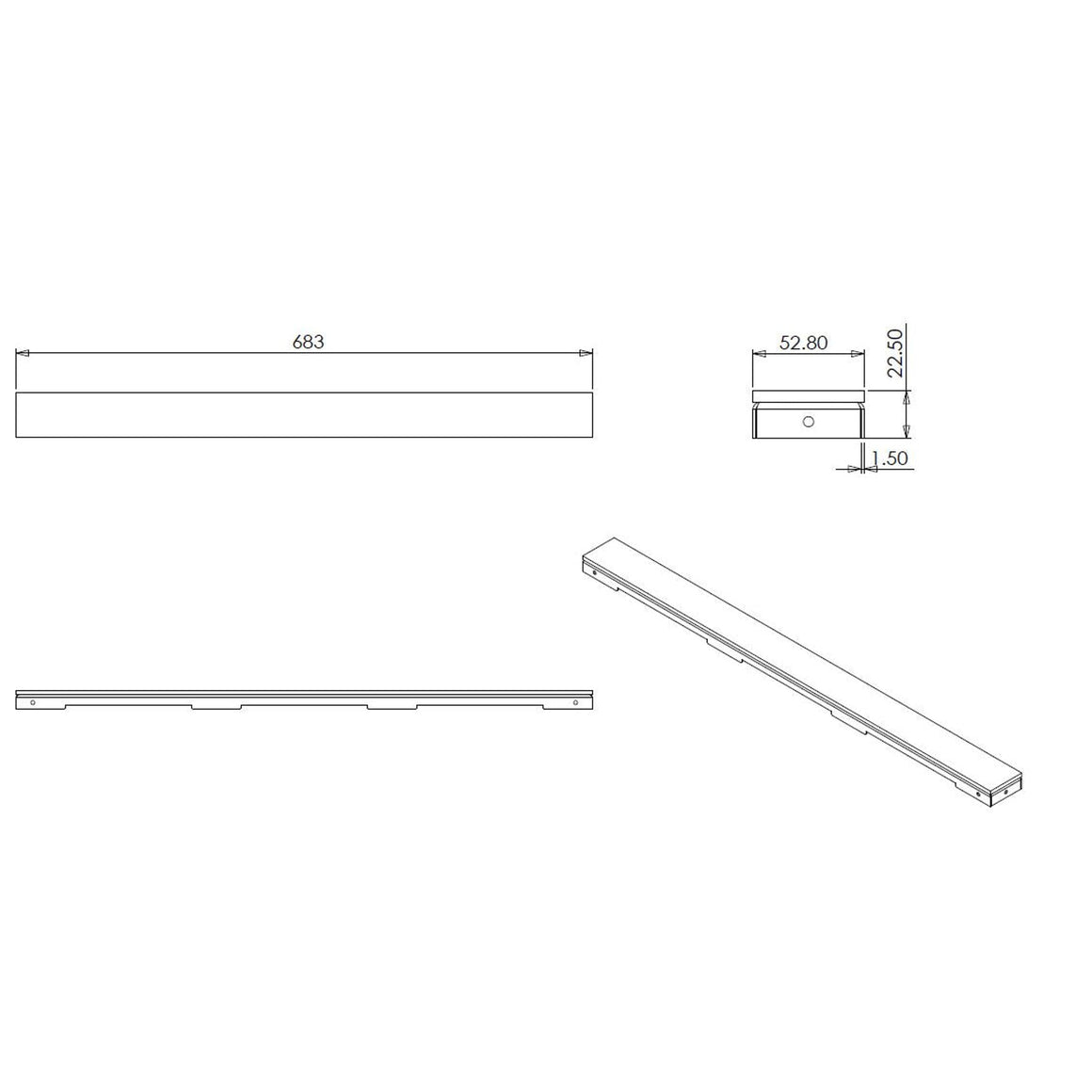 Wiesbaden glasrooster voor douchegoot glanzend zwart 70 cm - technische tekening
