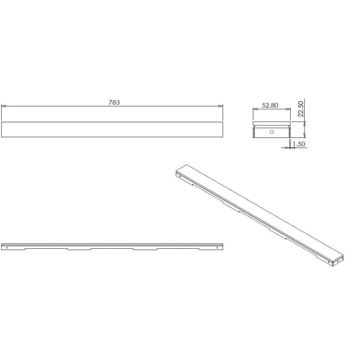 Wiesbaden glasrooster voor douchegoot glanzend zwart 80 cm - technische tekening