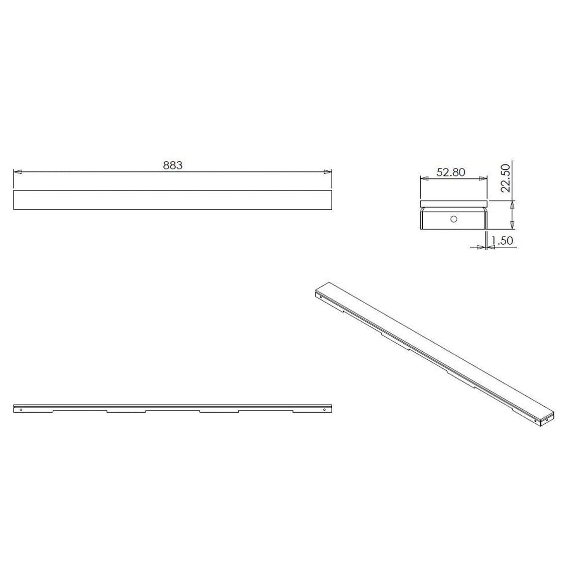 Wiesbaden glasrooster voor douchegoot glanzend zwart 90 cm - technische tekening